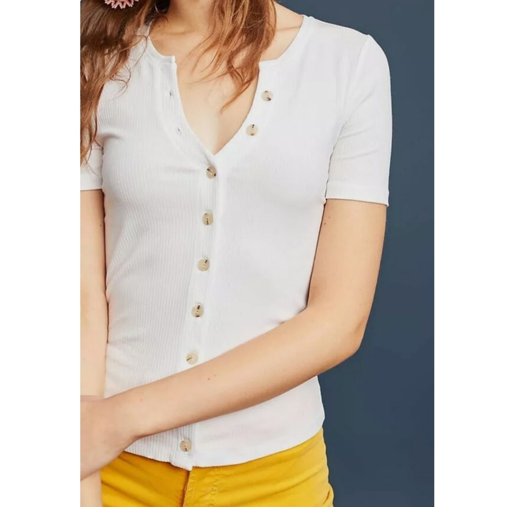 Maeve-Anthro White Ribbed Button Up Top XS - Picture 3 of 9